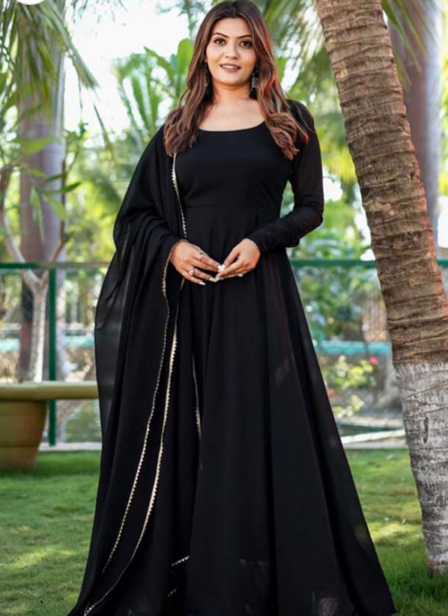 Georgette Black Festival Wear Lace Work Readymade Gown With Dupatta